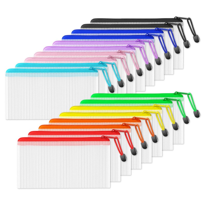 SUNEE Plastic Mesh Zipper Pouch 4.6x9.2 in (9 Colors, 18 Packs), Plastic Pencil Pouches, Multipurpose Travel Bags, for Office Supplies Bills Cosmetics Travel Accessories& Games Organizing Storage - Image 1